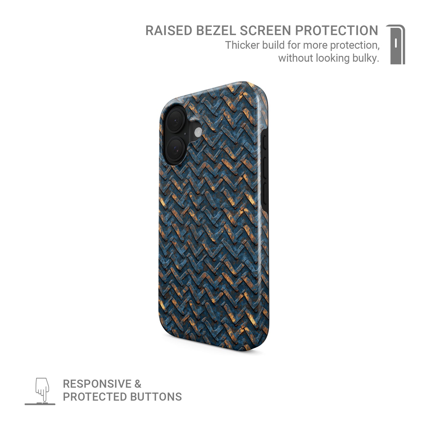 Blue and copper distressed chevron metal MagSafe tough phone case with glossy finish and dual layer protection