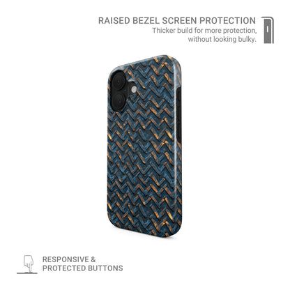 Blue and copper distressed chevron metal MagSafe tough phone case with glossy finish and dual layer protection
