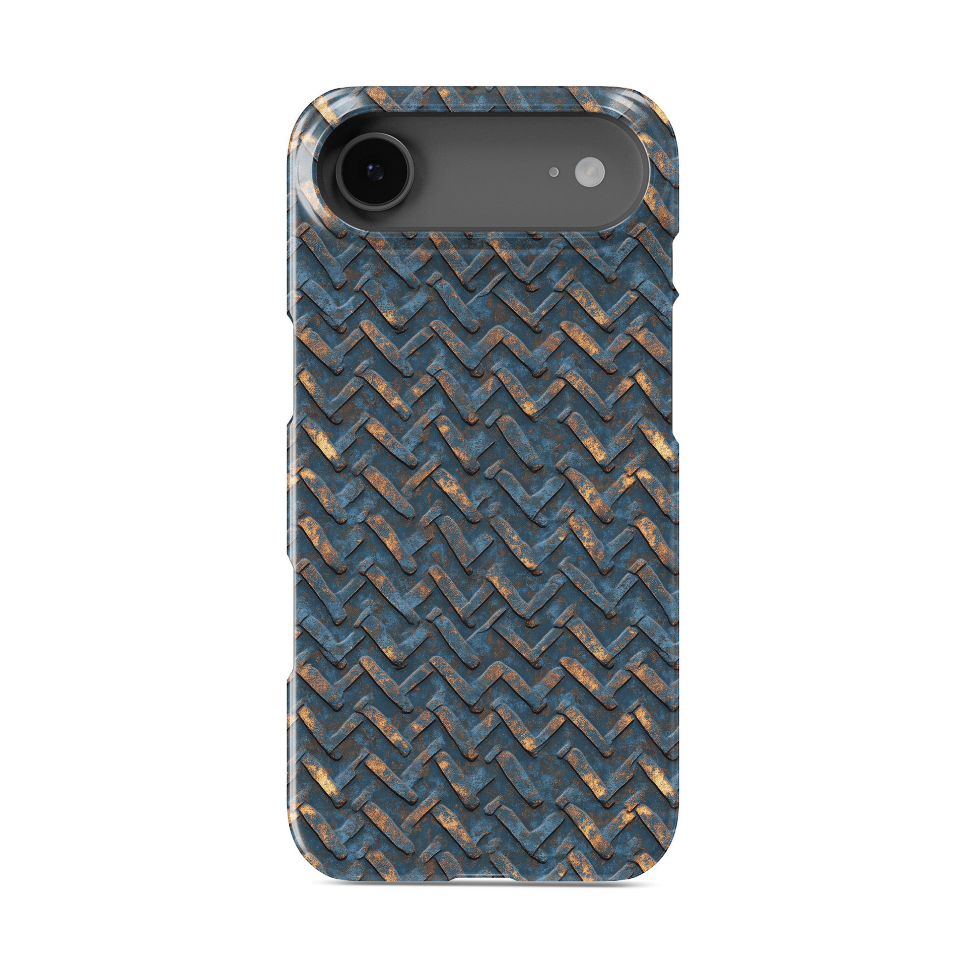 Blue and copper distressed chevron metal pattern slim snap phone case with glossy finish