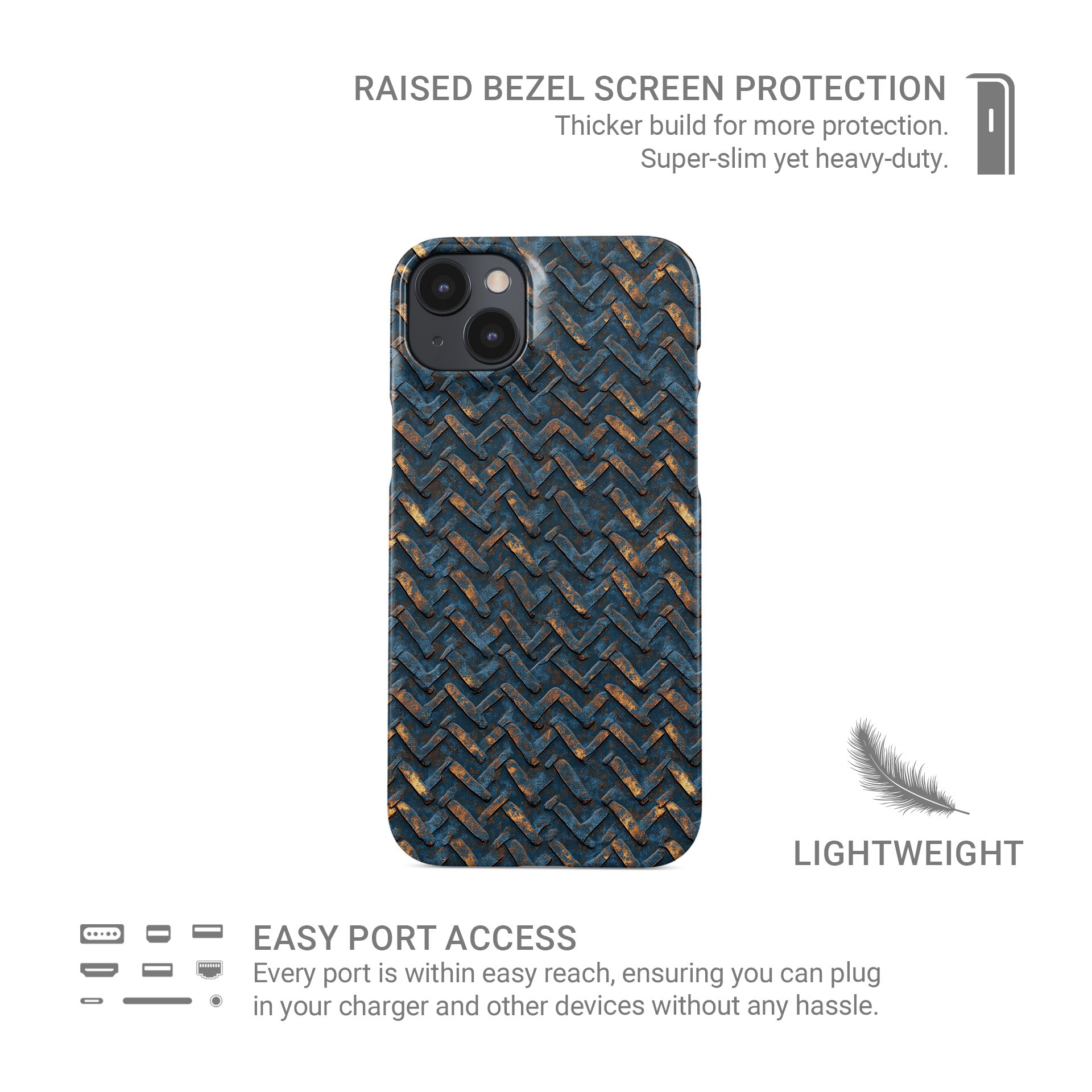 Blue and copper distressed chevron metal pattern slim snap phone case with glossy finish