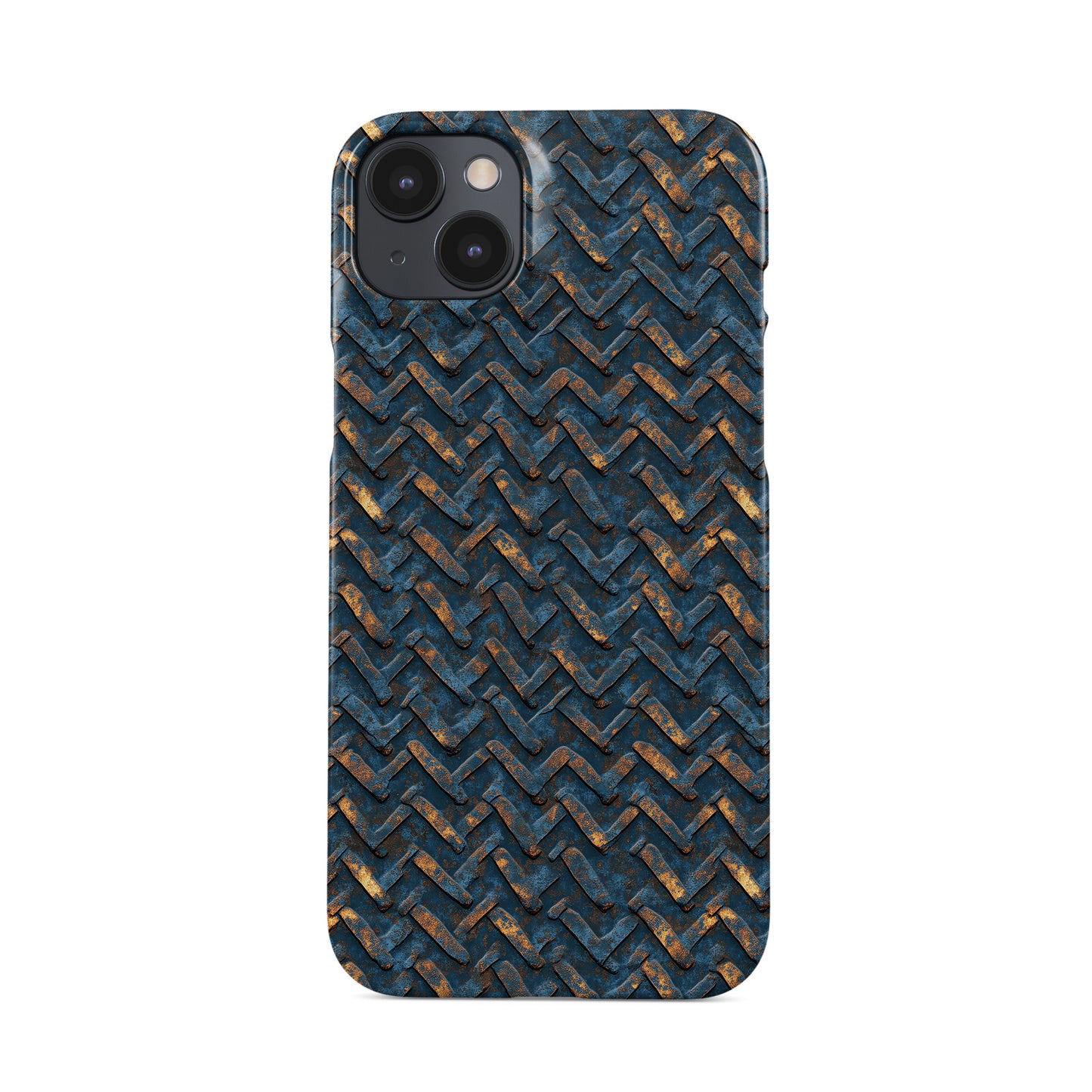 Blue and copper distressed chevron metal pattern slim snap phone case with glossy finish