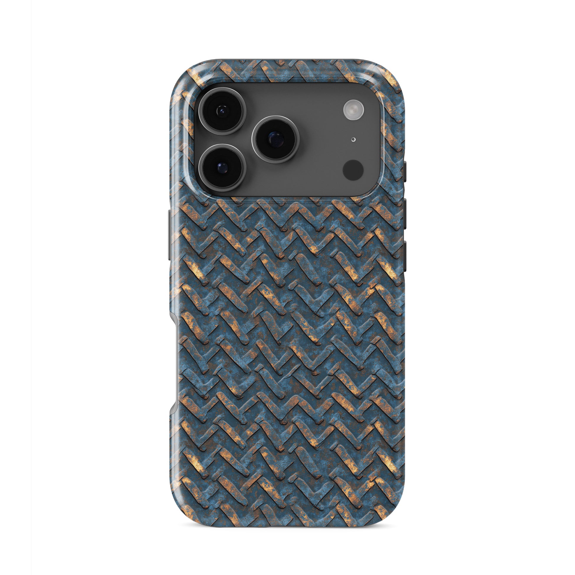 Distressed blue metal chevron pattern tough phone case with warm copper highlights and industrial texture