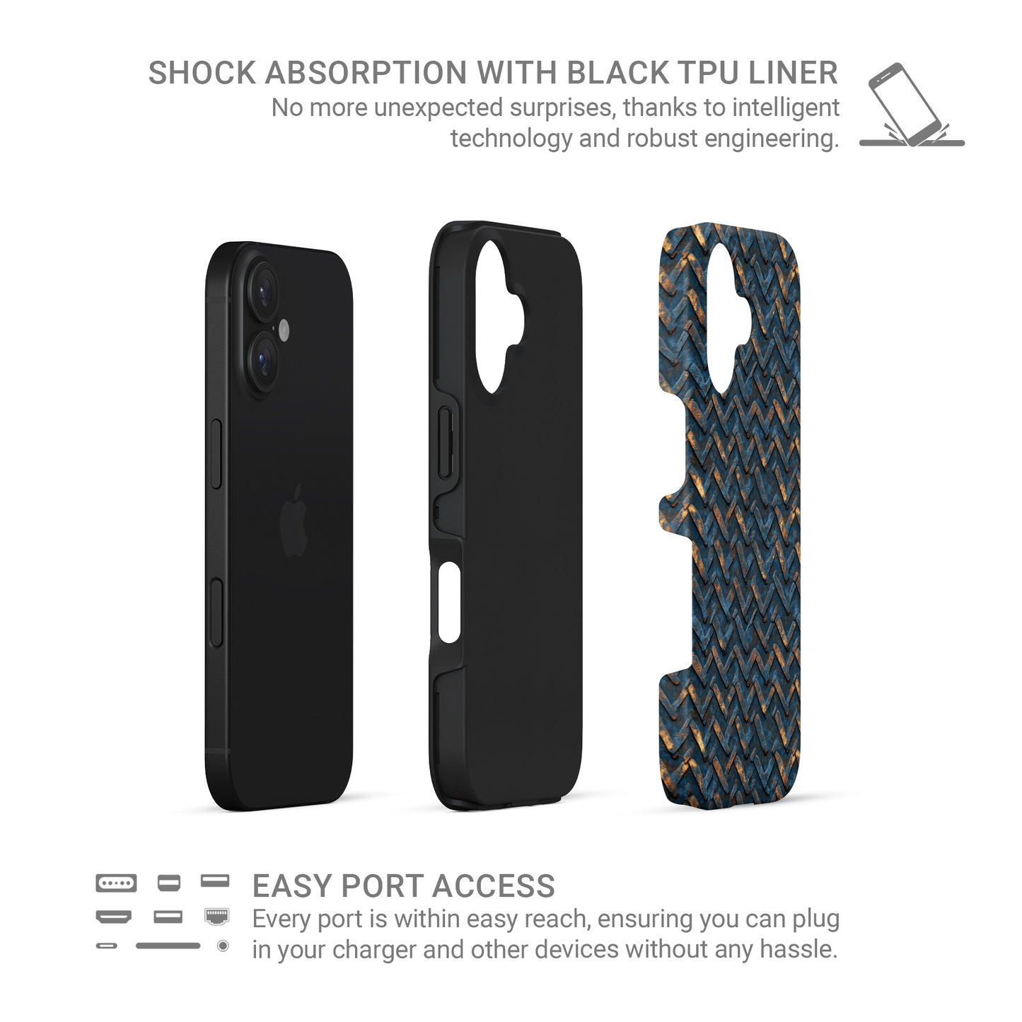 Distressed blue metal chevron pattern tough phone case with warm copper highlights and industrial texture