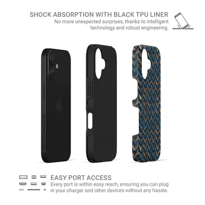 Distressed blue metal chevron pattern tough phone case with warm copper highlights and industrial texture