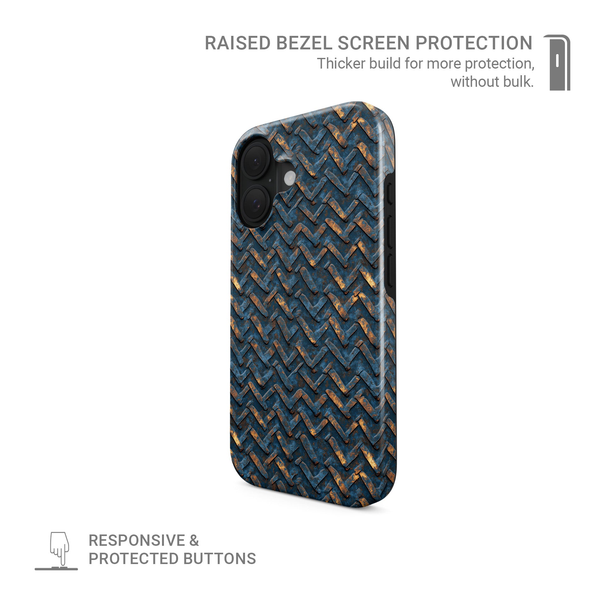 Distressed blue metal chevron pattern tough phone case with warm copper highlights and industrial texture