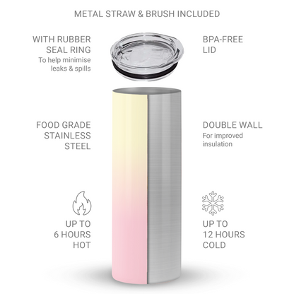 Pink and yellow ombre tumbler with soft sunset gradient print on a 20oz stainless steel travel cup by Case & Charm.