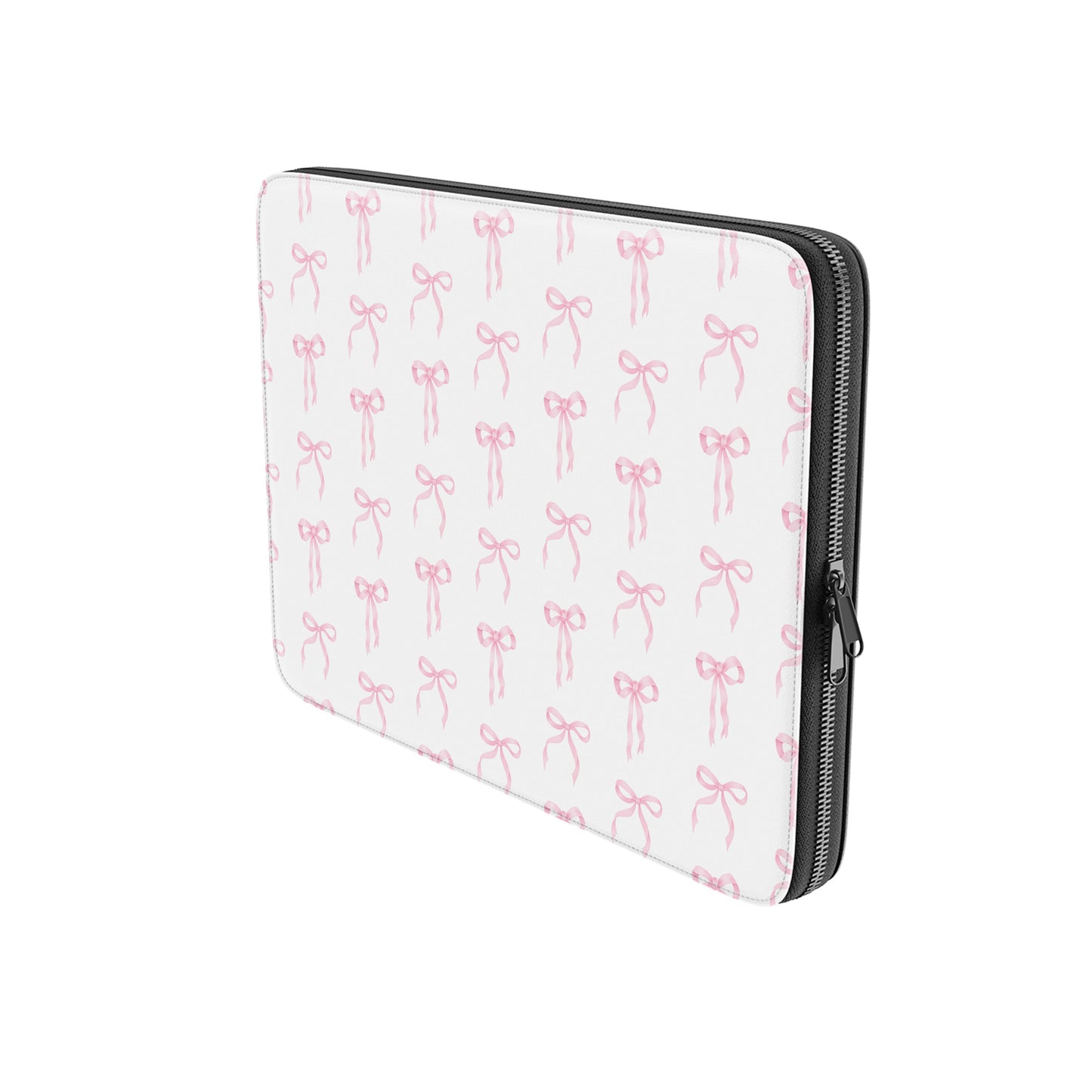 White laptop sleeve with blush pink ribbon bow pattern and padded protective design