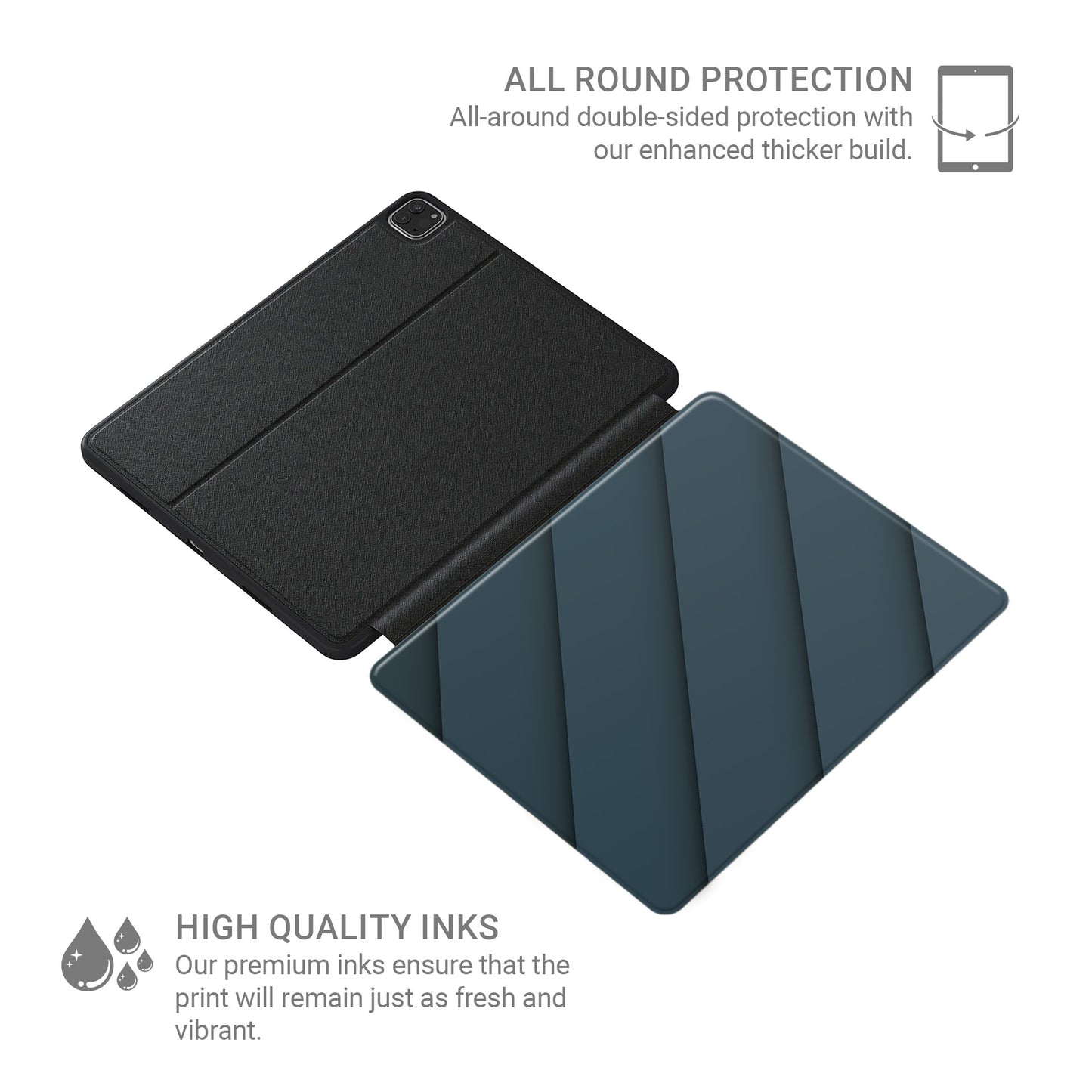 Shadowline Panels Apple iPad case with blue diagonal design, vegan leather finish and Apple Pencil holder