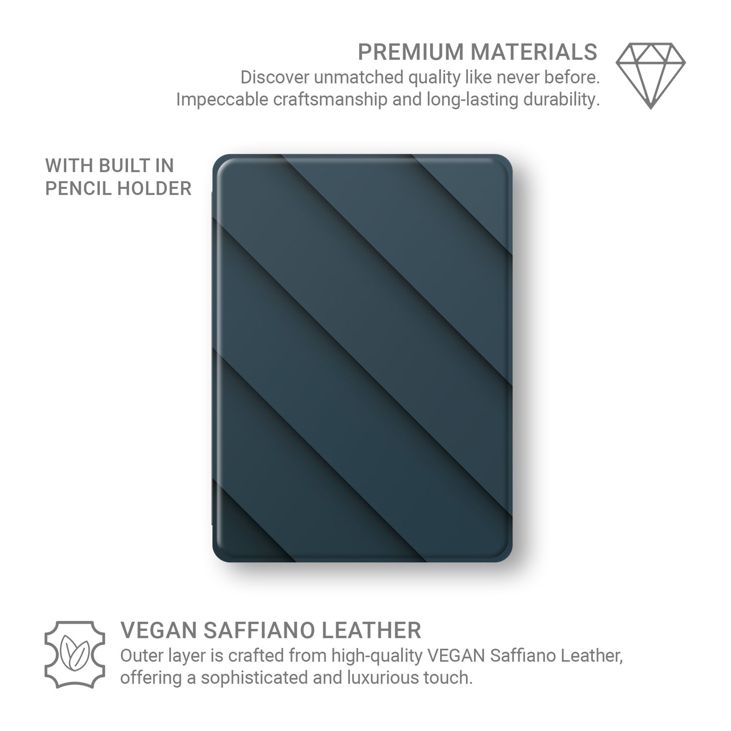 Shadowline Panels Apple iPad case with blue diagonal design, vegan leather finish and Apple Pencil holder