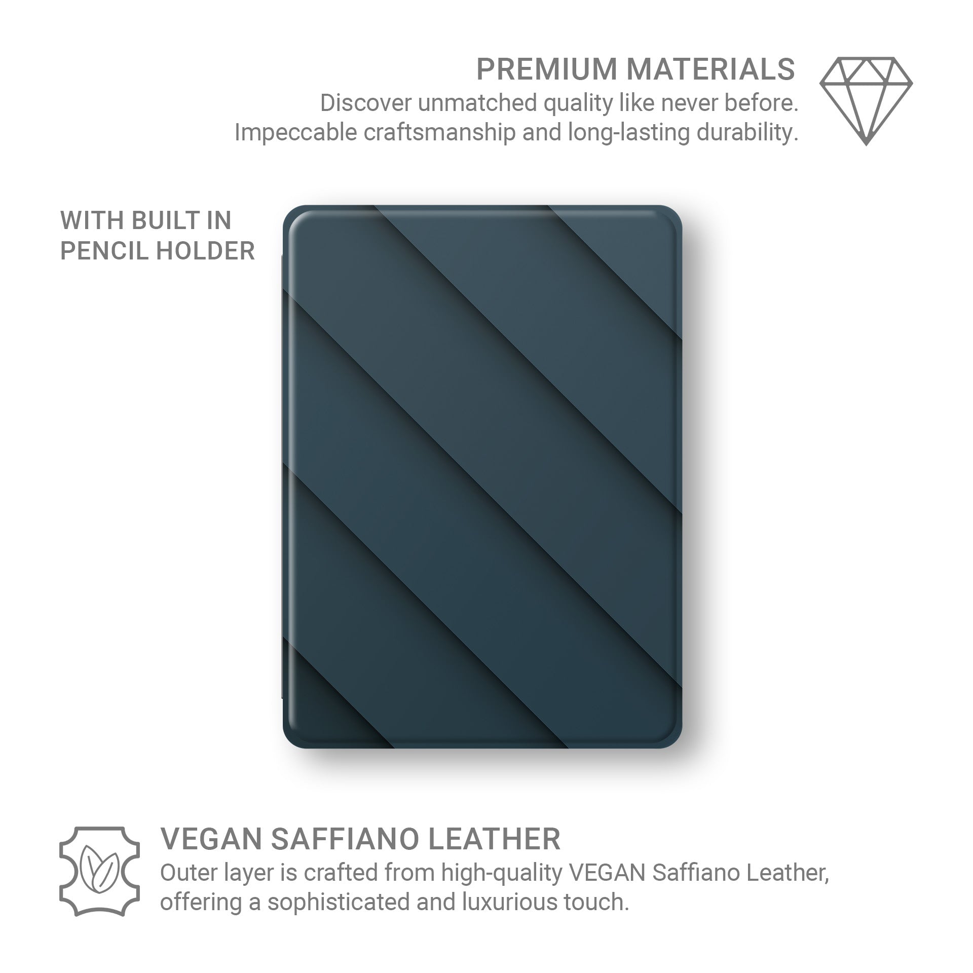 Shadowline Panels Apple iPad case with blue diagonal design, vegan leather finish and Apple Pencil holder