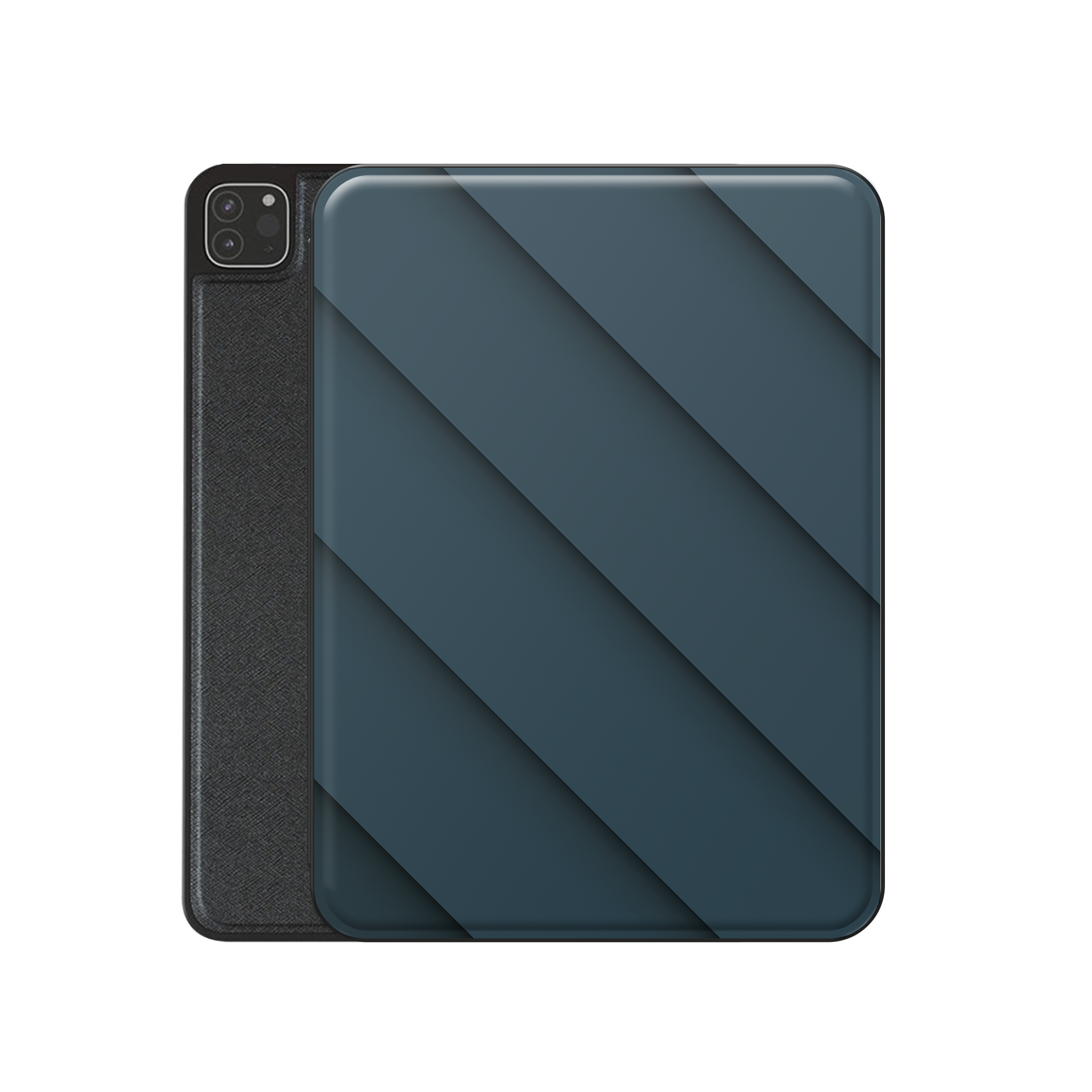 Shadowline Panels Apple iPad case with blue diagonal design, vegan leather finish and Apple Pencil holder