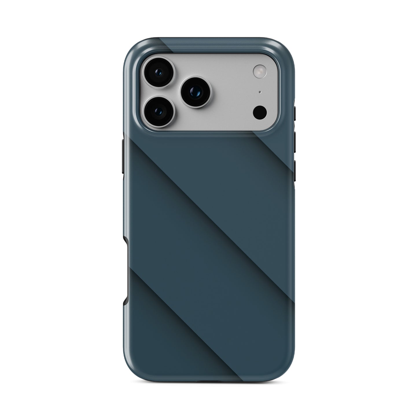 Deep blue diagonal layered MagSafe tough phone case with glossy minimal geometric design