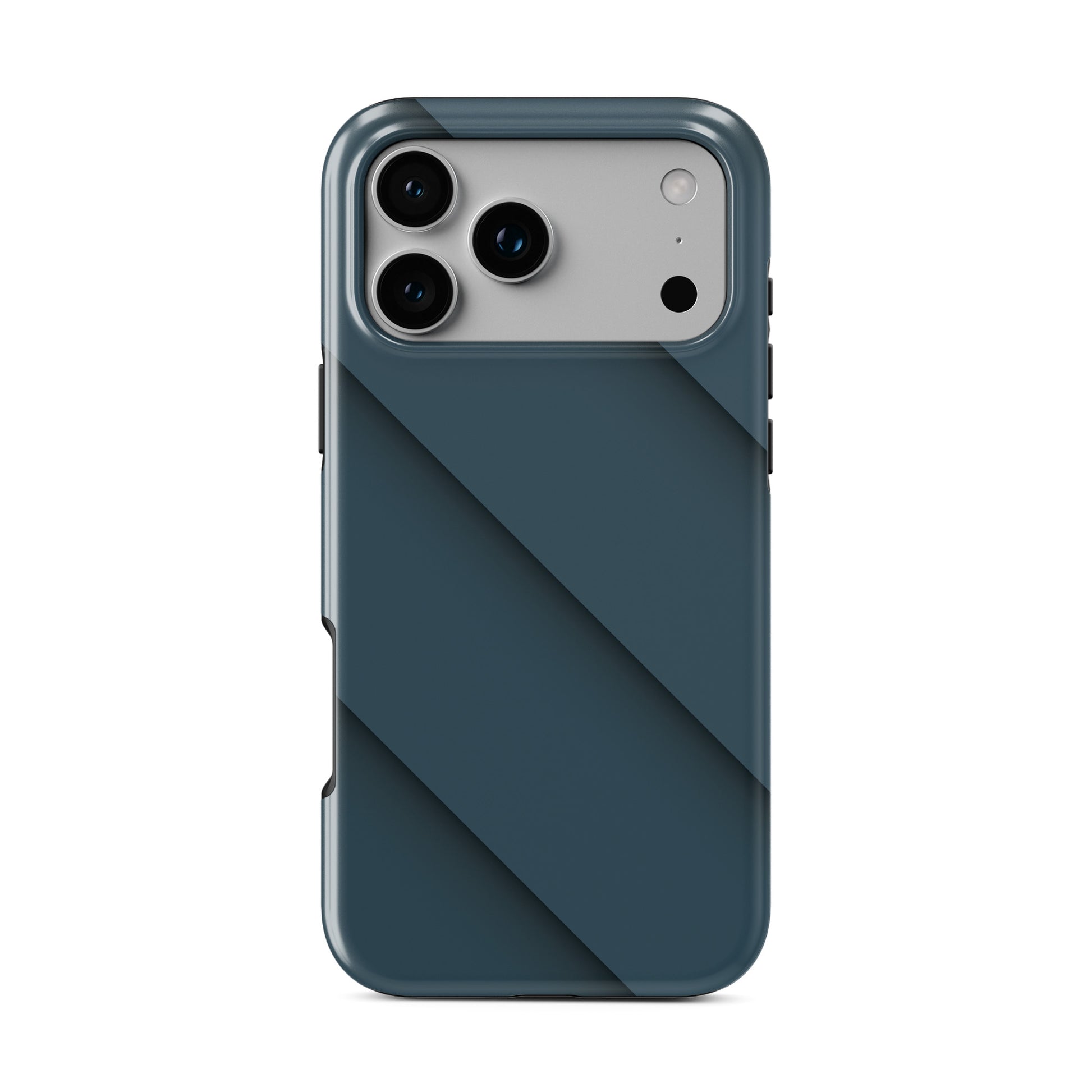 Deep blue diagonal layered MagSafe tough phone case with glossy minimal geometric design