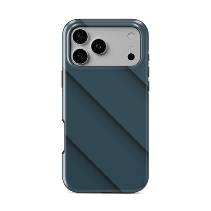 Deep blue diagonal layered MagSafe tough phone case with glossy minimal geometric design