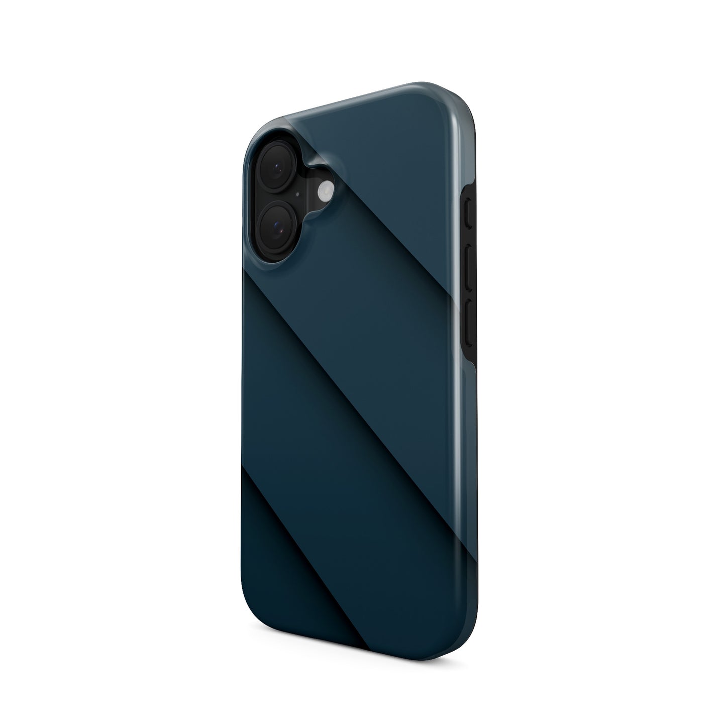 Deep blue diagonal layered MagSafe tough phone case with glossy minimal geometric design