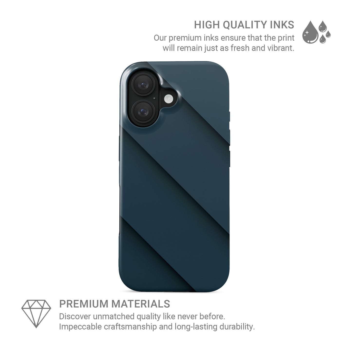 Deep blue diagonal layered MagSafe tough phone case with glossy minimal geometric design