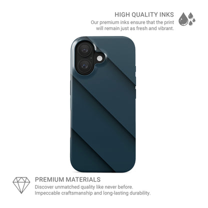Deep blue diagonal layered MagSafe tough phone case with glossy minimal geometric design