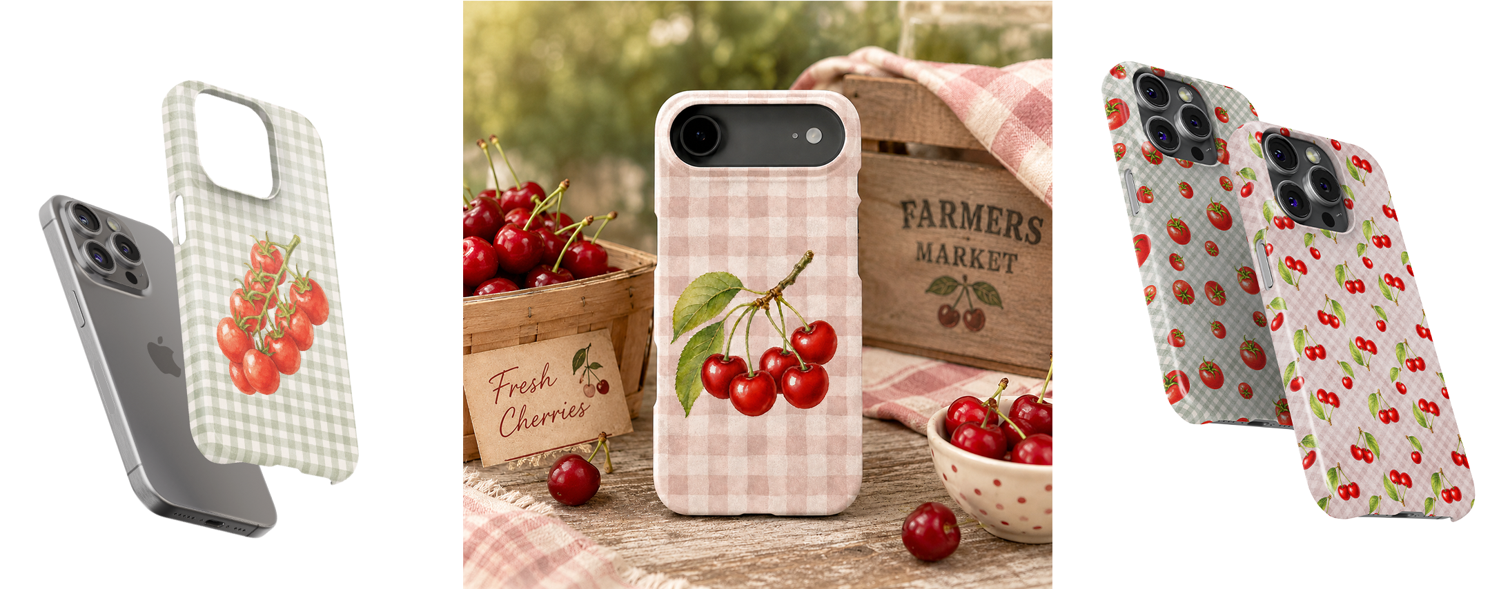 Pink and sage gingham cherry and tomato Snap iPhone cases displayed with a rustic farmers market cherry lifestyle scene.