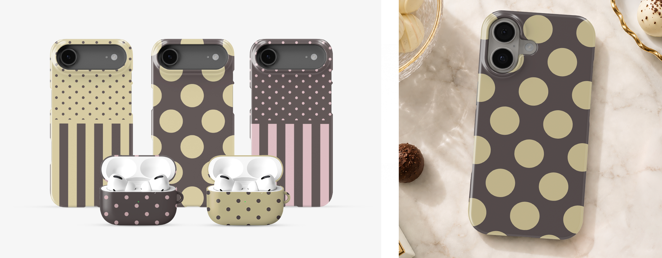 The Truffle Parlour phone and AirPods cases featuring chocolate brown, soft pink and vanilla polka dot and striped designs.