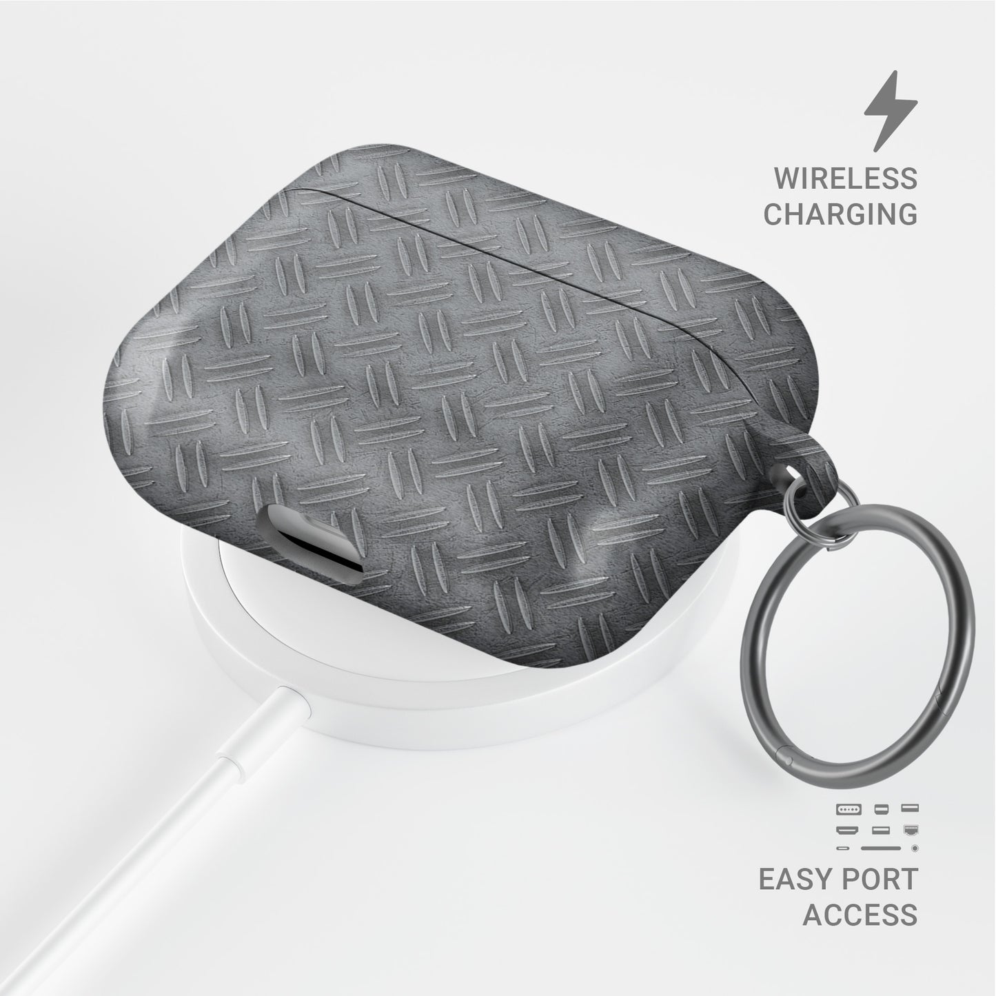 Titan Treadwork AirPods tough case with grey tread plate print and glossy finish