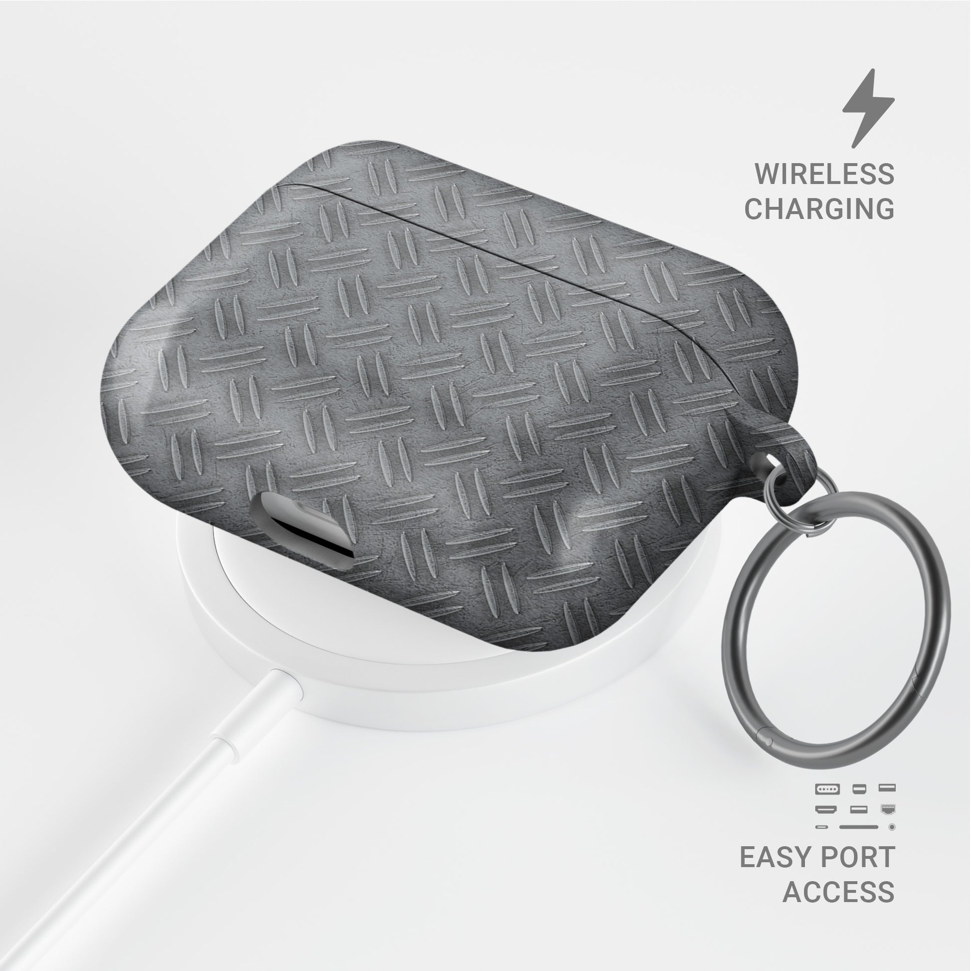 Titan Treadwork AirPods tough case with grey tread plate print and glossy finish