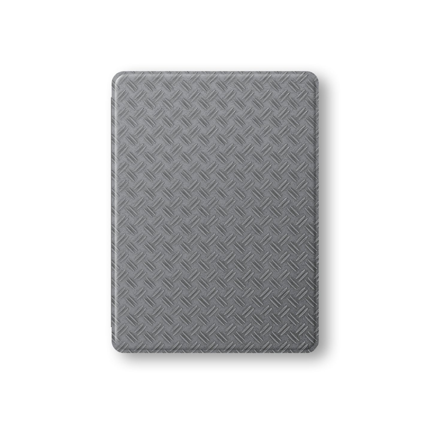 Titan Treadwork Apple iPad case with grey tread plate style print, vegan Saffiano leather exterior and slim folio design with Apple Pencil holder
