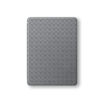 Titan Treadwork Apple iPad case with grey tread plate style print, vegan Saffiano leather exterior and slim folio design with Apple Pencil holder