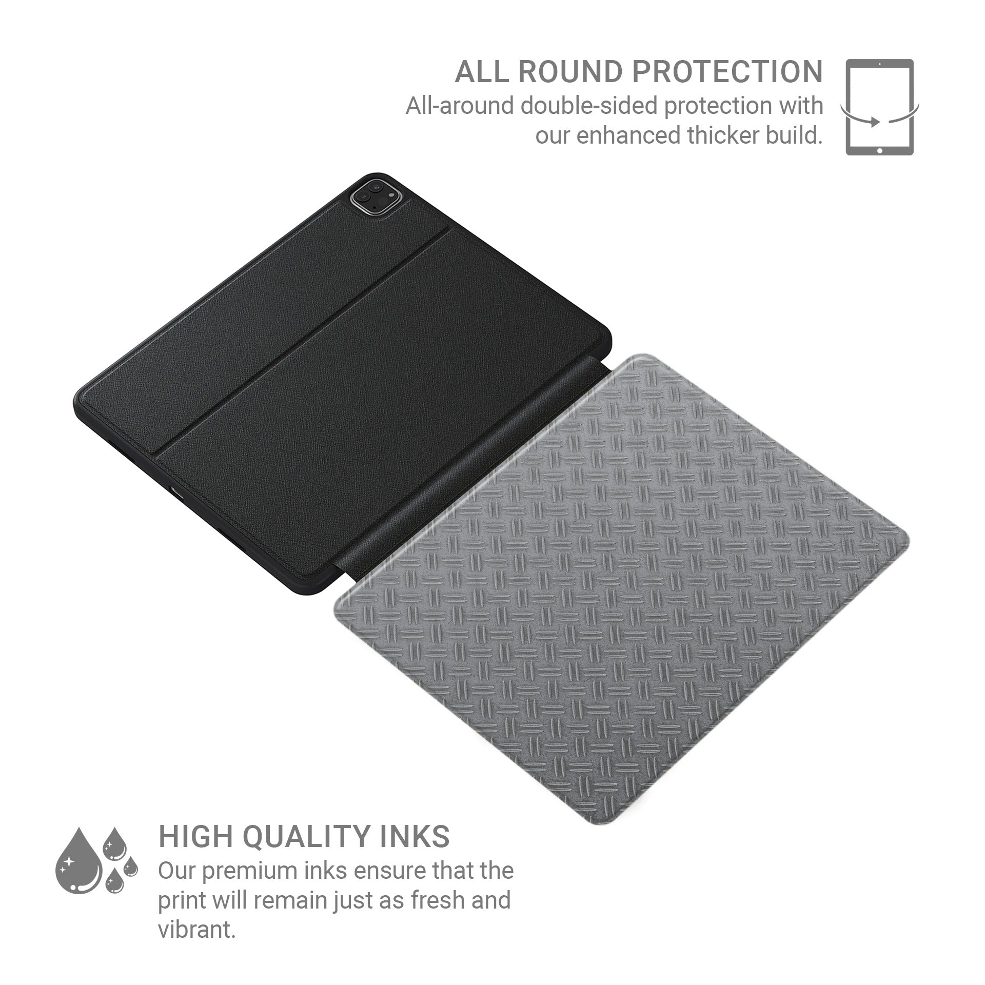 Titan Treadwork Apple iPad case with grey tread plate style print, vegan Saffiano leather exterior and slim folio design with Apple Pencil holder