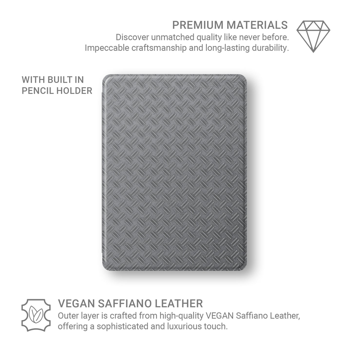 Titan Treadwork Apple iPad case with grey tread plate style print, vegan Saffiano leather exterior and slim folio design with Apple Pencil holder