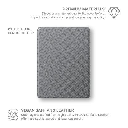 Titan Treadwork Apple iPad case with grey tread plate style print, vegan Saffiano leather exterior and slim folio design with Apple Pencil holder