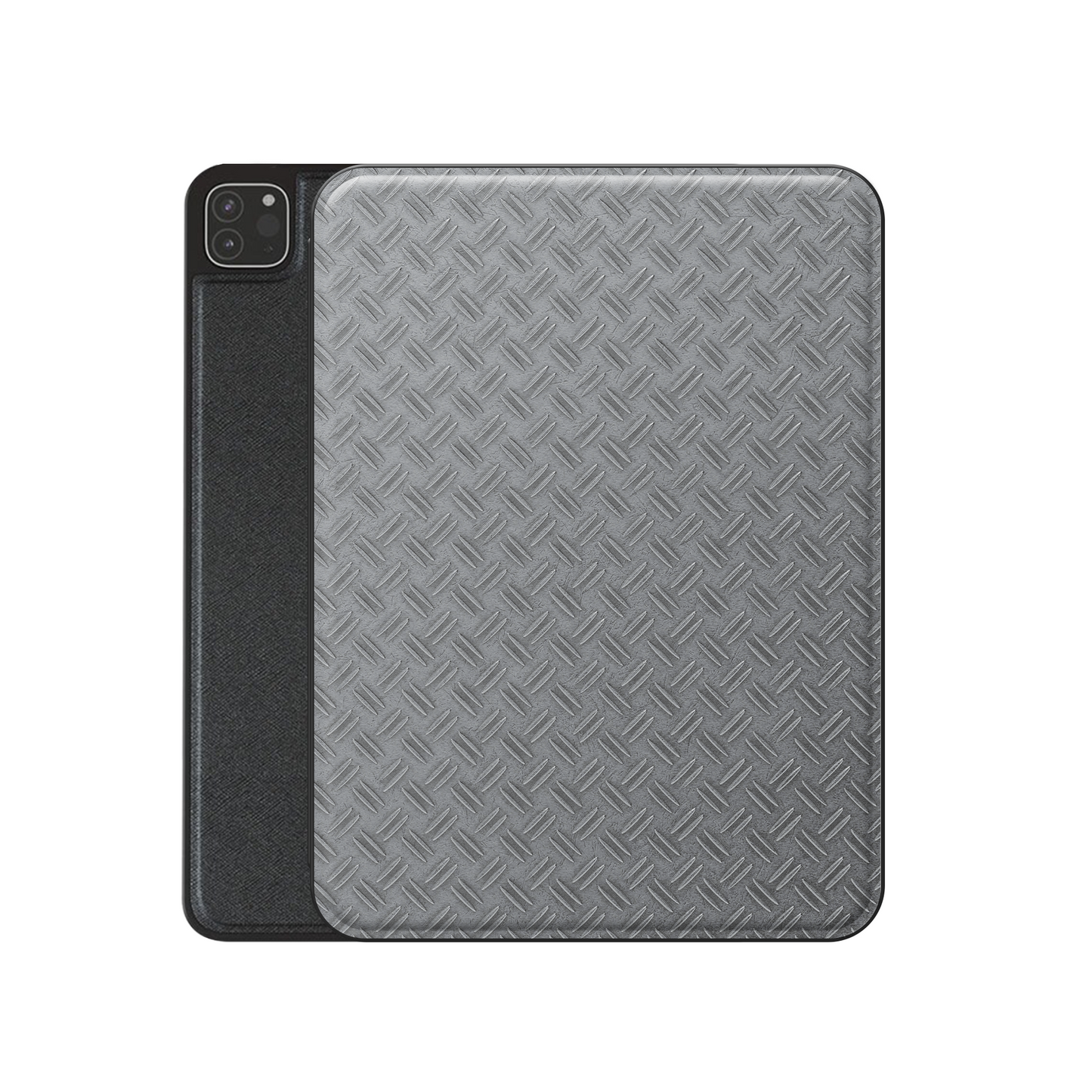 Titan Treadwork Apple iPad case with grey tread plate style print, vegan Saffiano leather exterior and slim folio design with Apple Pencil holder