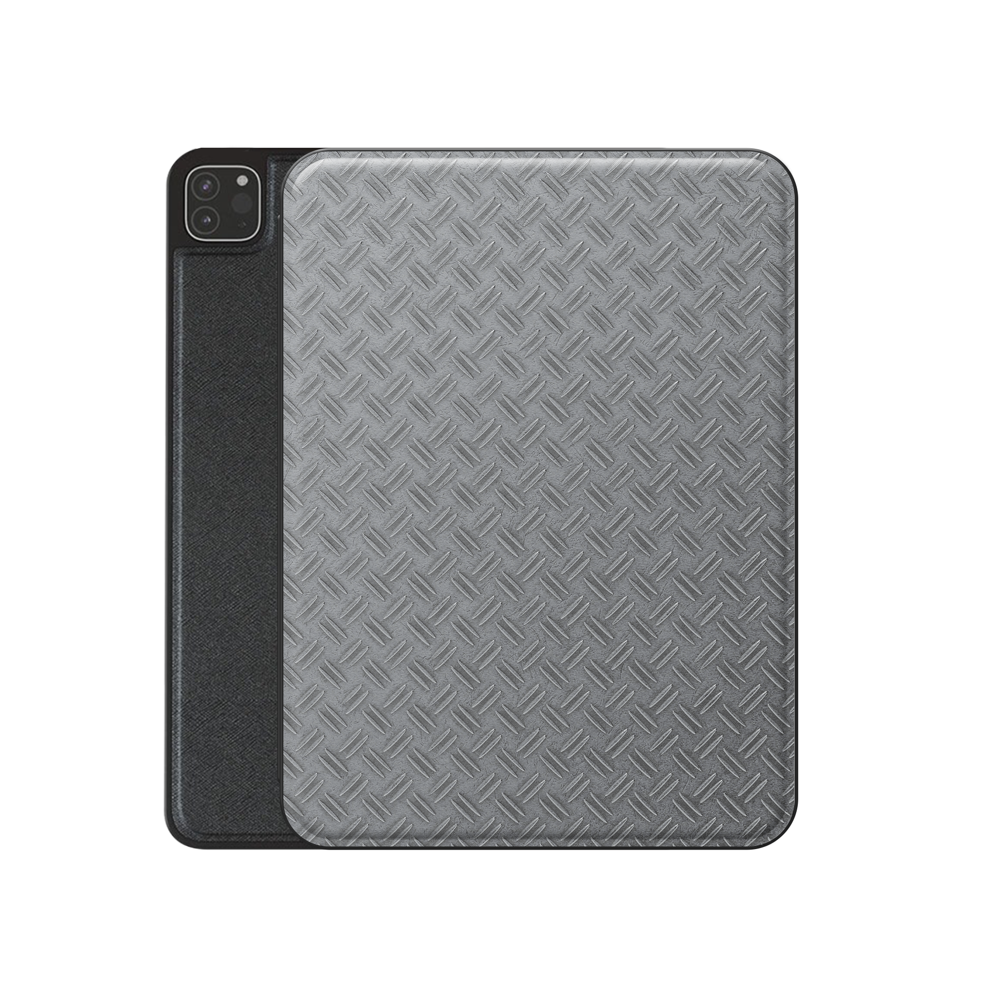 Titan Treadwork Apple iPad case with grey tread plate style print, vegan Saffiano leather exterior and slim folio design with Apple Pencil holder