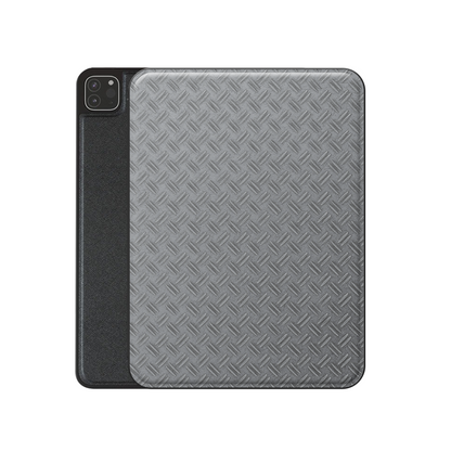 Titan Treadwork Apple iPad case with grey tread plate style print, vegan Saffiano leather exterior and slim folio design with Apple Pencil holder