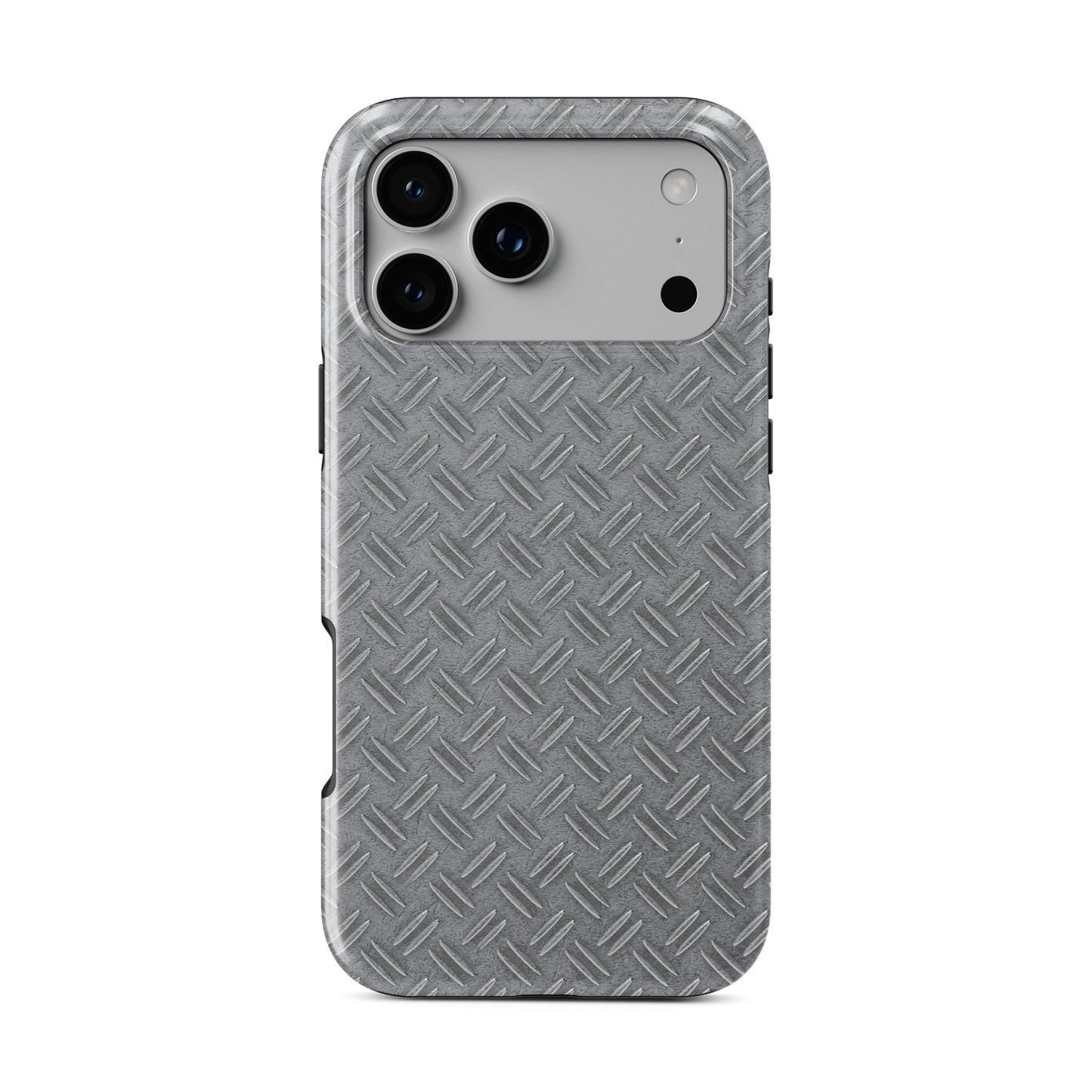 Silver tread-plate metal pattern printed on a glossy dual-layer MagSafe tough phone case with an industrial design.