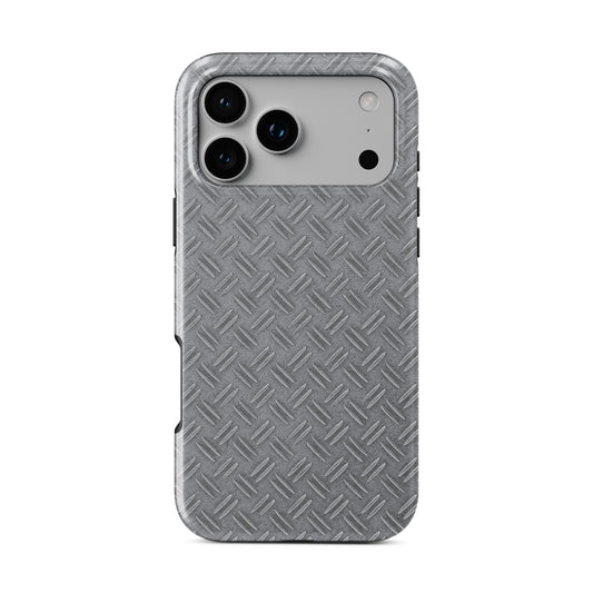 Silver tread-plate metal pattern printed on a glossy dual-layer MagSafe tough phone case with an industrial design.