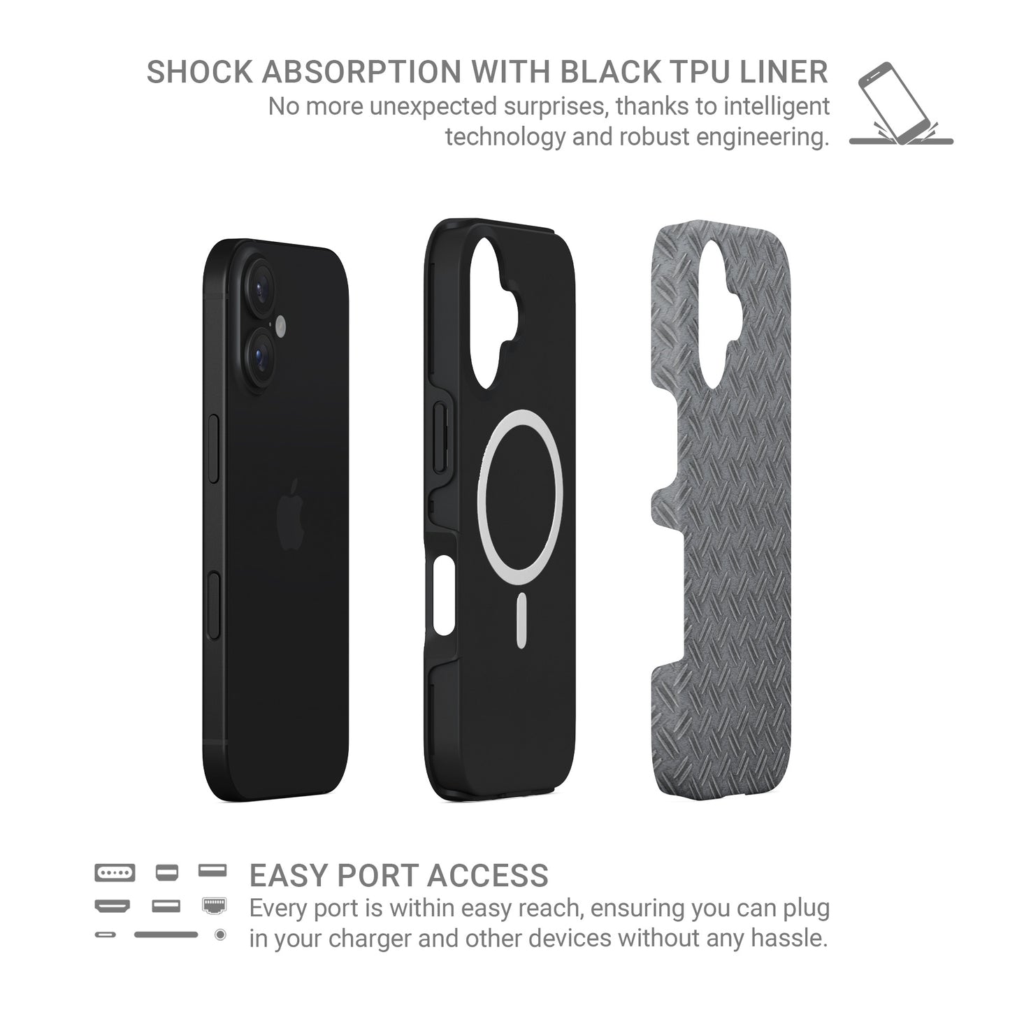 Silver tread-plate metal pattern printed on a glossy dual-layer MagSafe tough phone case with an industrial design.