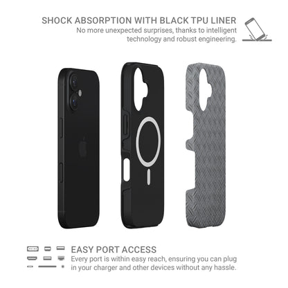 Silver tread-plate metal pattern printed on a glossy dual-layer MagSafe tough phone case with an industrial design.