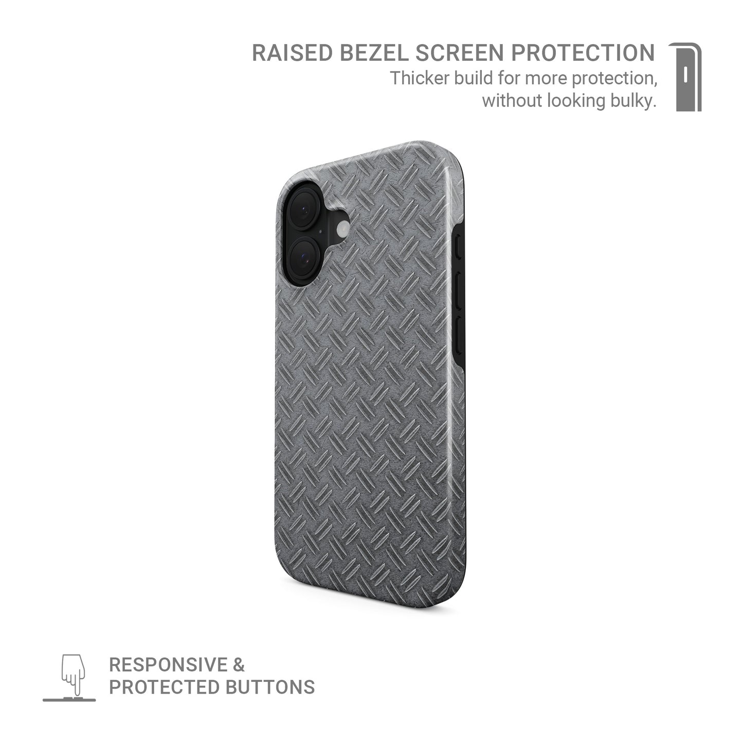 Silver tread-plate metal pattern printed on a glossy dual-layer MagSafe tough phone case with an industrial design.