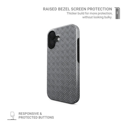 Silver tread-plate metal pattern printed on a glossy dual-layer MagSafe tough phone case with an industrial design.