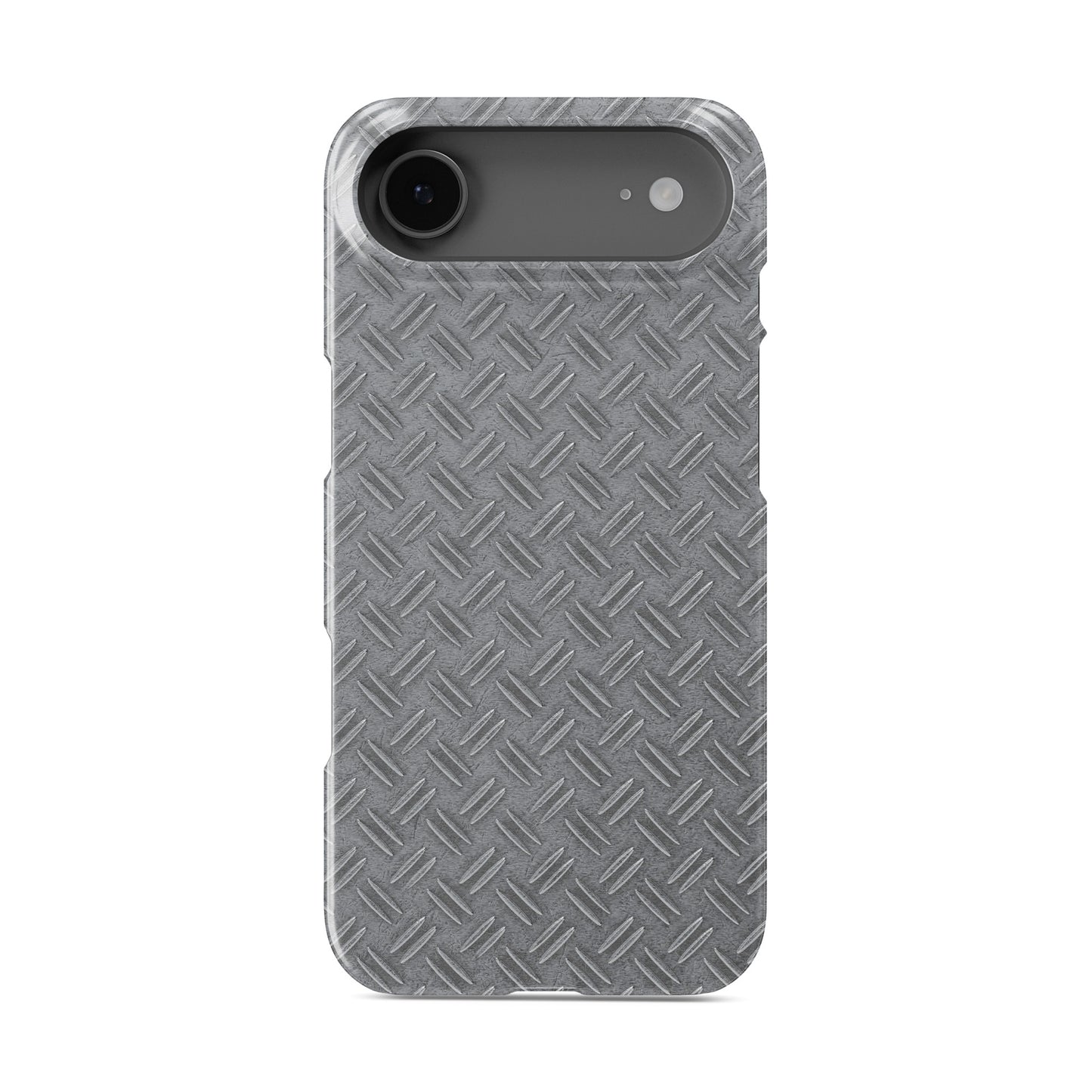 Glossy silver tread-plate metal pattern printed on a slim snap phone case with industrial styling.