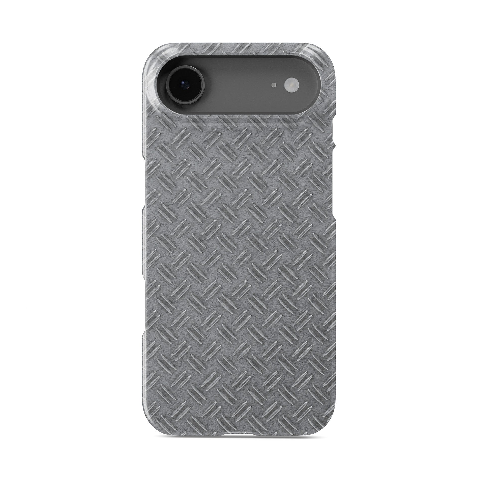 Glossy silver tread-plate metal pattern printed on a slim snap phone case with industrial styling.