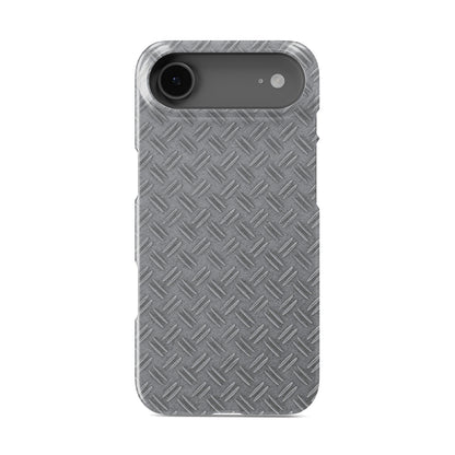 Glossy silver tread-plate metal pattern printed on a slim snap phone case with industrial styling.