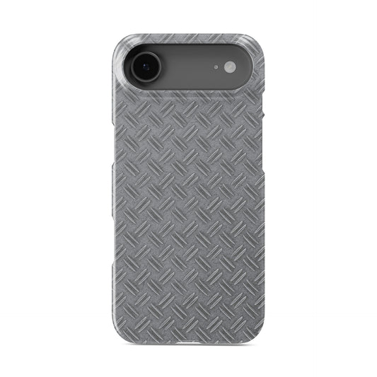 Glossy silver tread-plate metal pattern printed on a slim snap phone case with industrial styling.