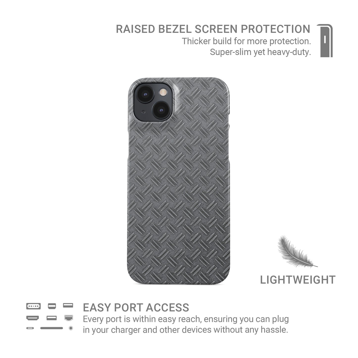 Glossy silver tread-plate metal pattern printed on a slim snap phone case with industrial styling.