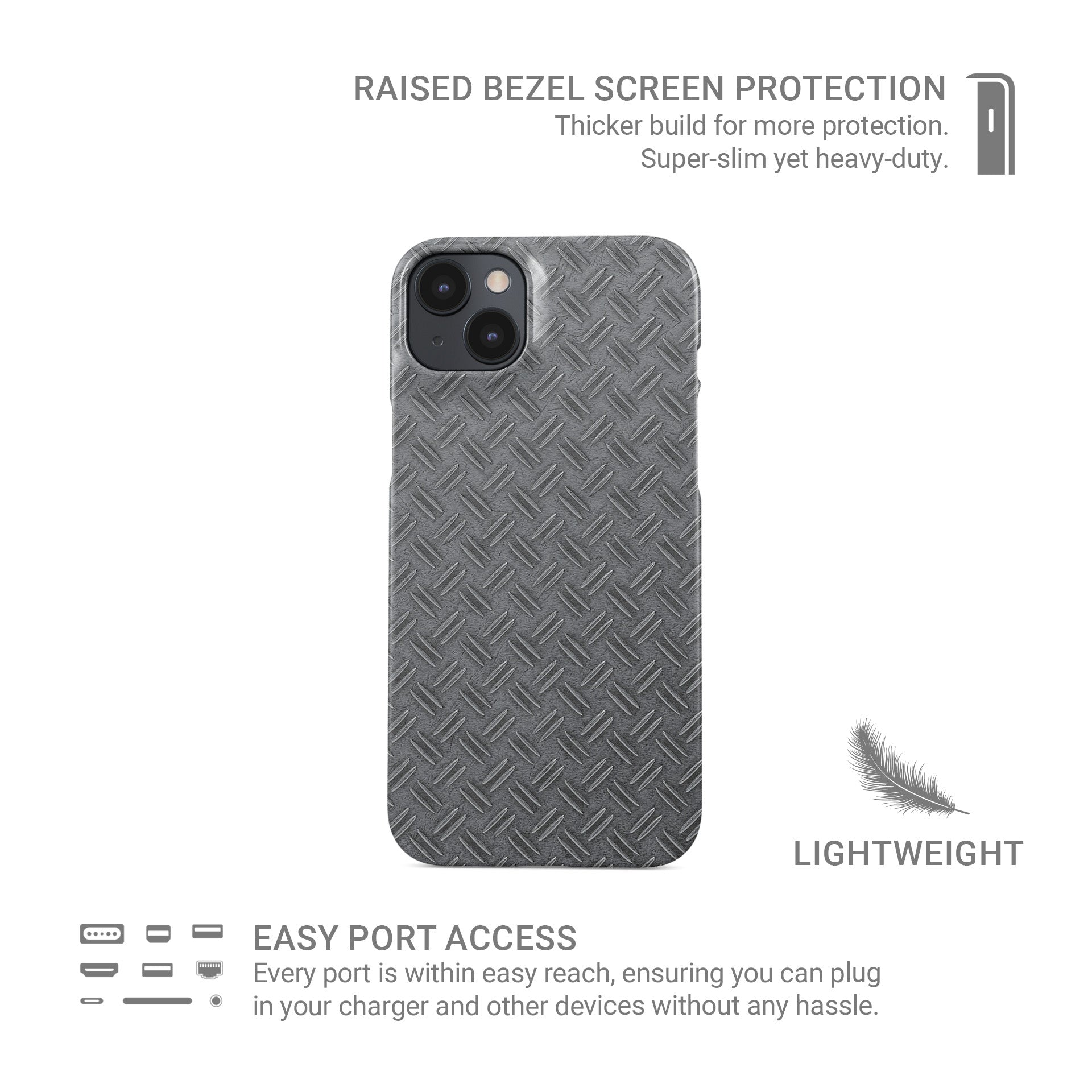 Glossy silver tread-plate metal pattern printed on a slim snap phone case with industrial styling.