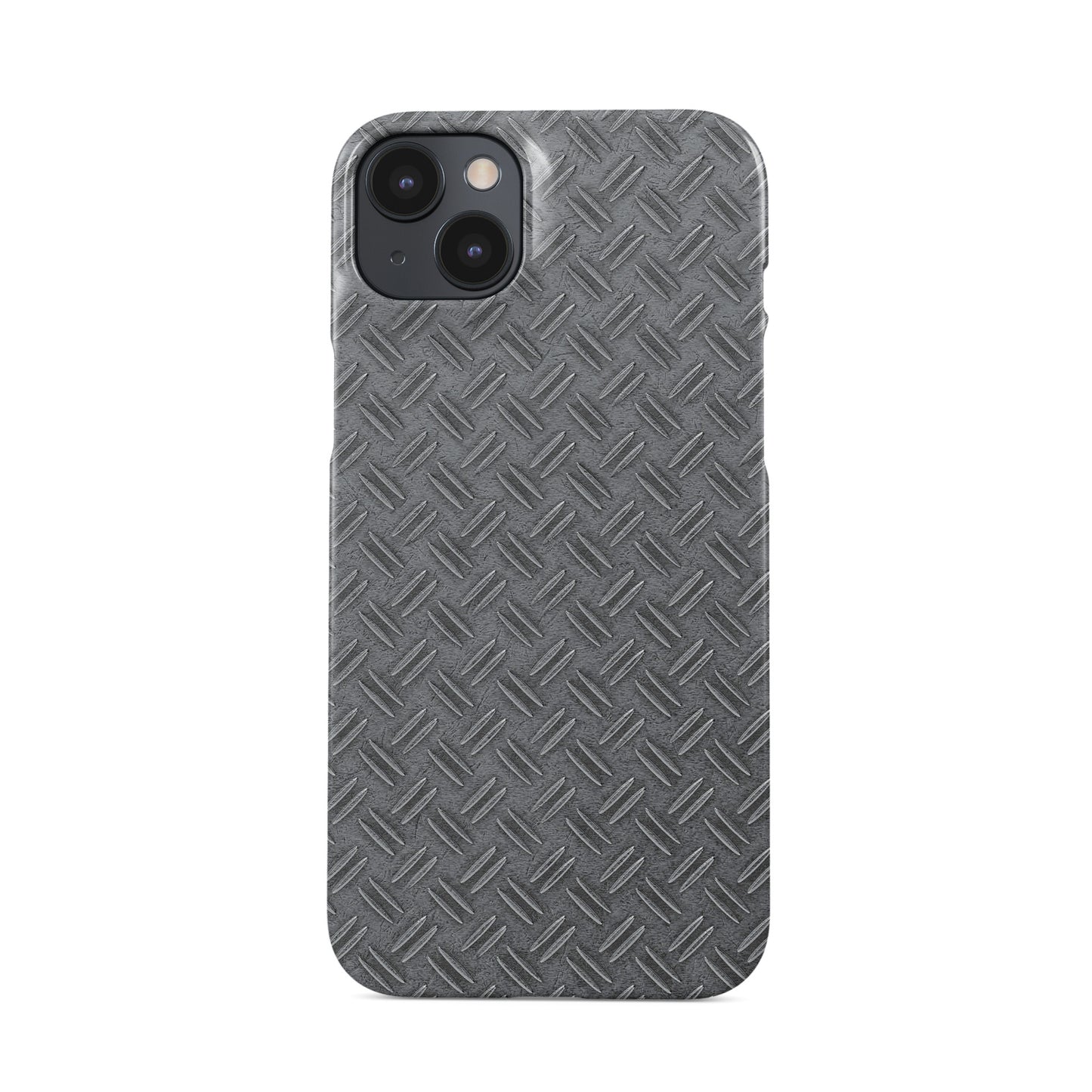 Glossy silver tread-plate metal pattern printed on a slim snap phone case with industrial styling.