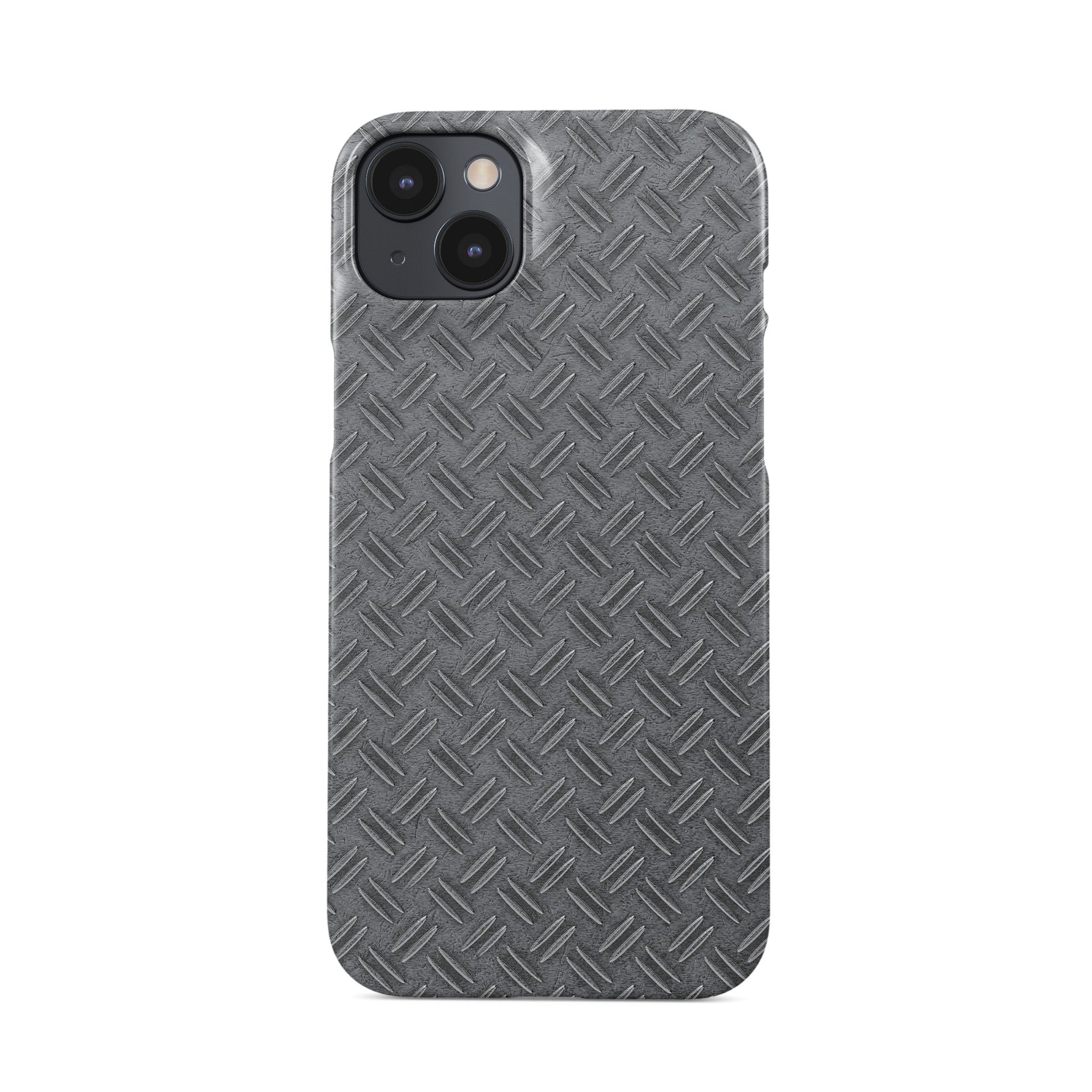 Glossy silver tread-plate metal pattern printed on a slim snap phone case with industrial styling.
