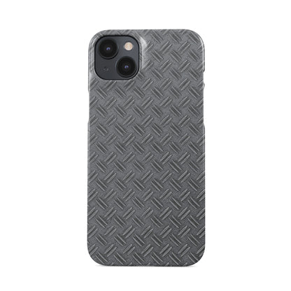 Glossy silver tread-plate metal pattern printed on a slim snap phone case with industrial styling.