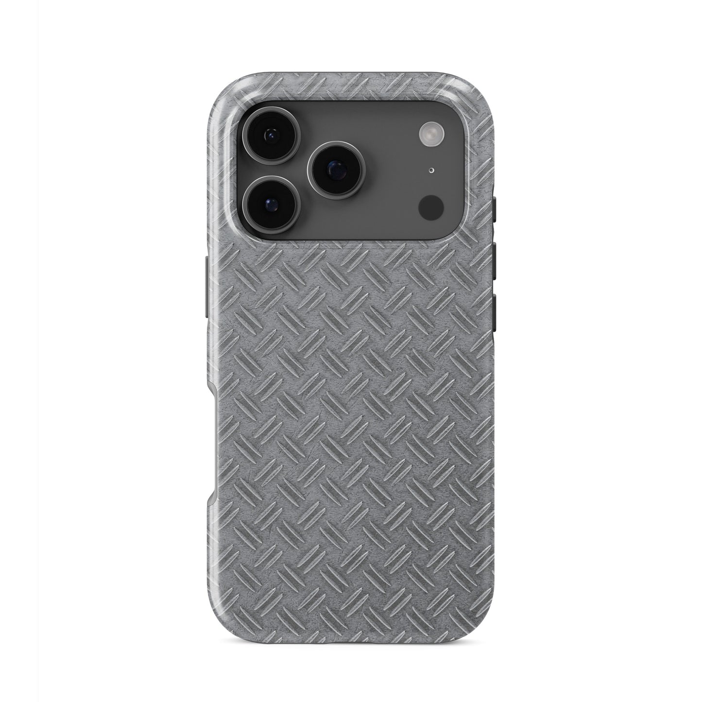 Grey industrial tread plate pattern printed as a flat design for modern tech accessories.