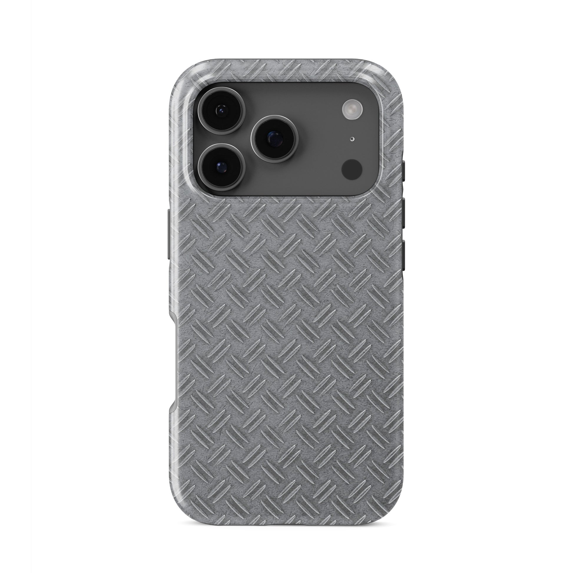 Grey industrial tread plate pattern printed as a flat design for modern tech accessories.
